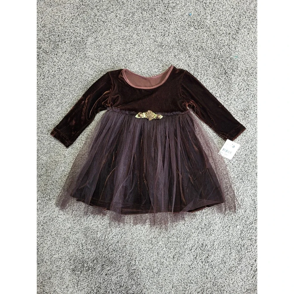 VTG Y2K Girls Velvet Tulle Party Dress 12M Brown Rosette USA Long Sleeve NWT